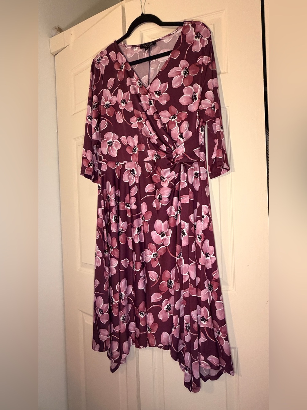 Perceptions Burgundy and Pink Floral V-Neck Dress